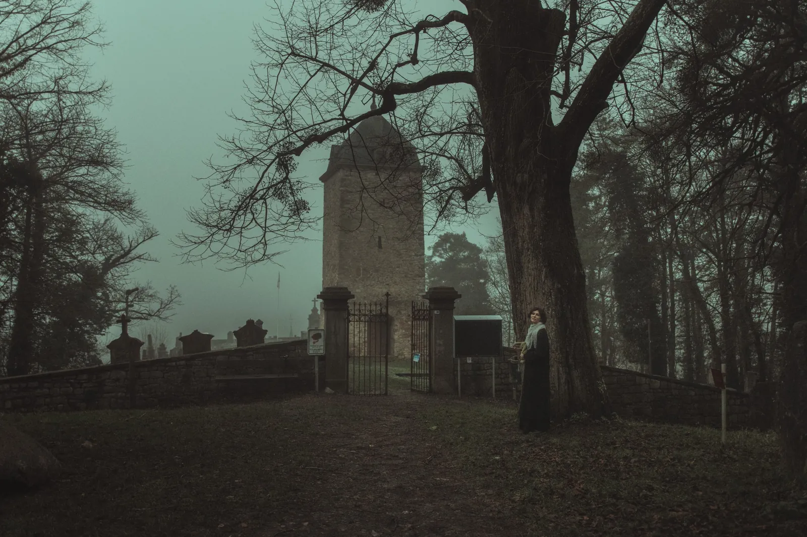 Tour et vieux cimetière dans la brume / Tower and old cemetery in the fog